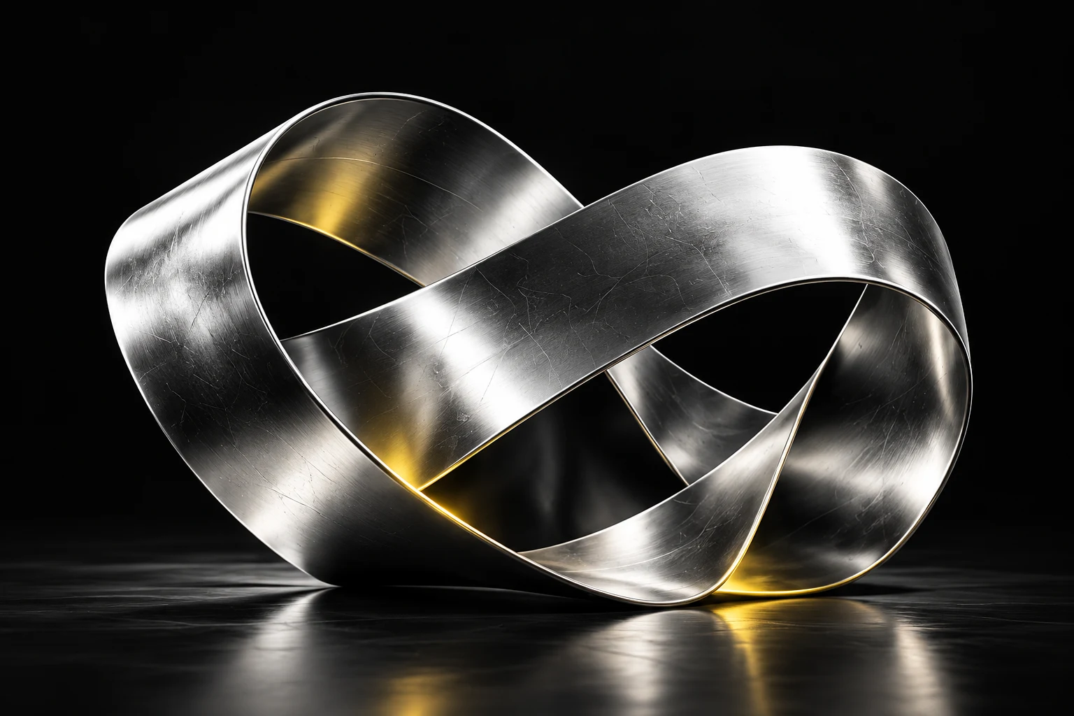 Brushed silver sculpture on black reflective ground with yellow light