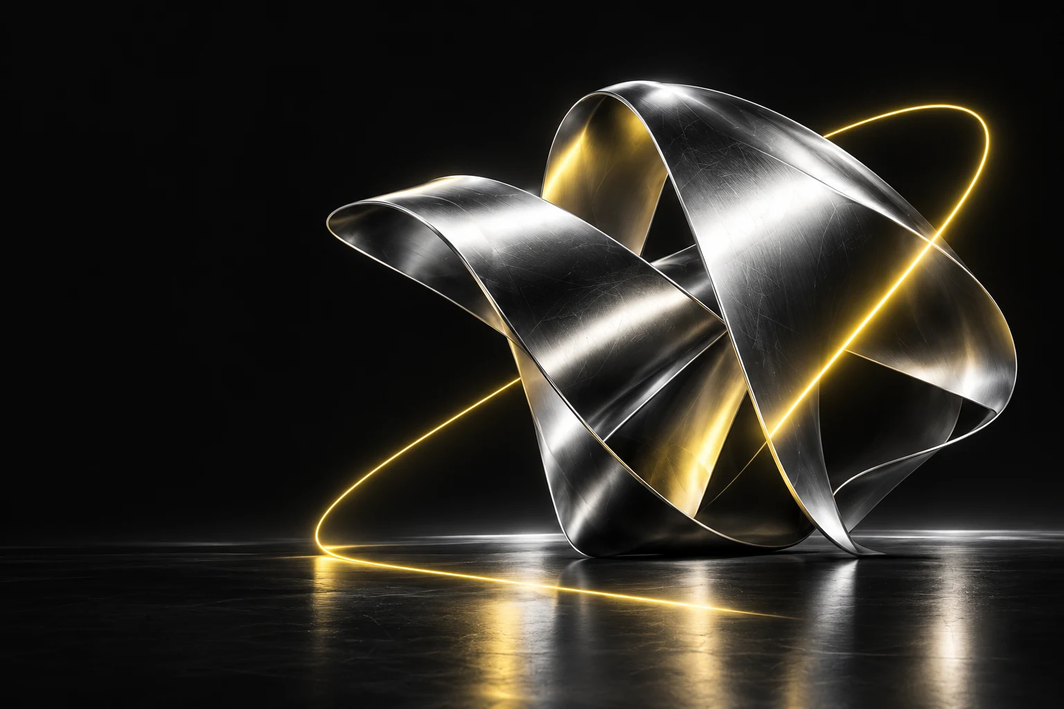 Brushed silver sculpture on black reflective ground with yellow light