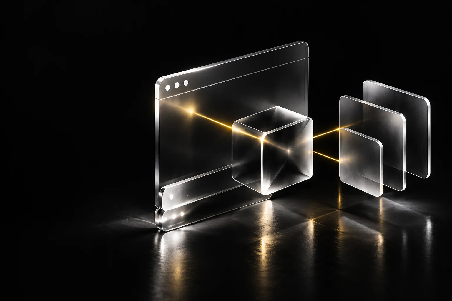 Brushed silver sculpture on black reflective ground with yellow light